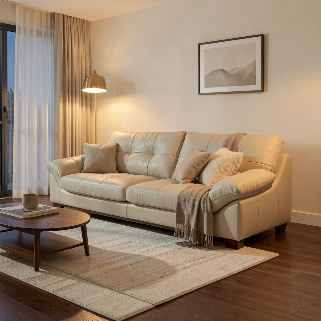 Cream Tufted Sofa (DYSJ08) in warm evening walnut