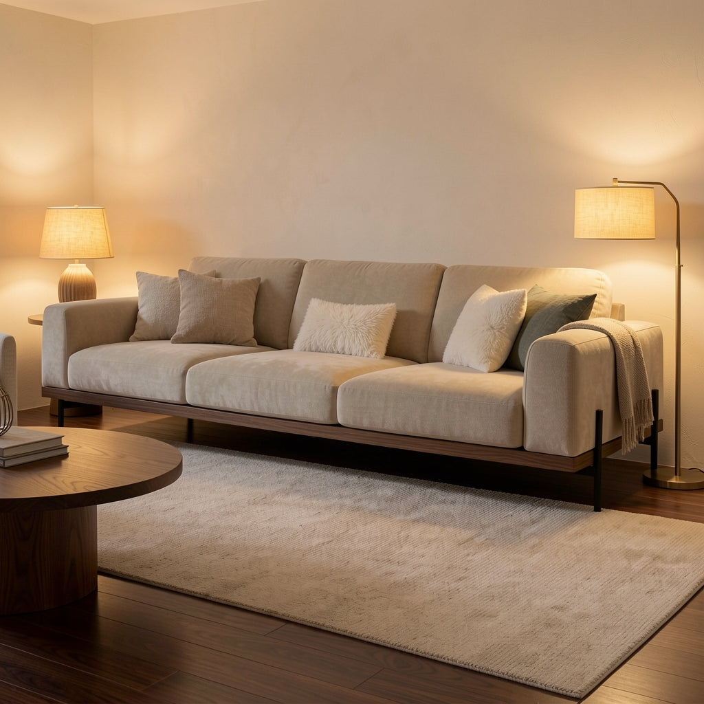 Cream Modern Sofa (DY雪尼尔沙发) in warm evening walnut