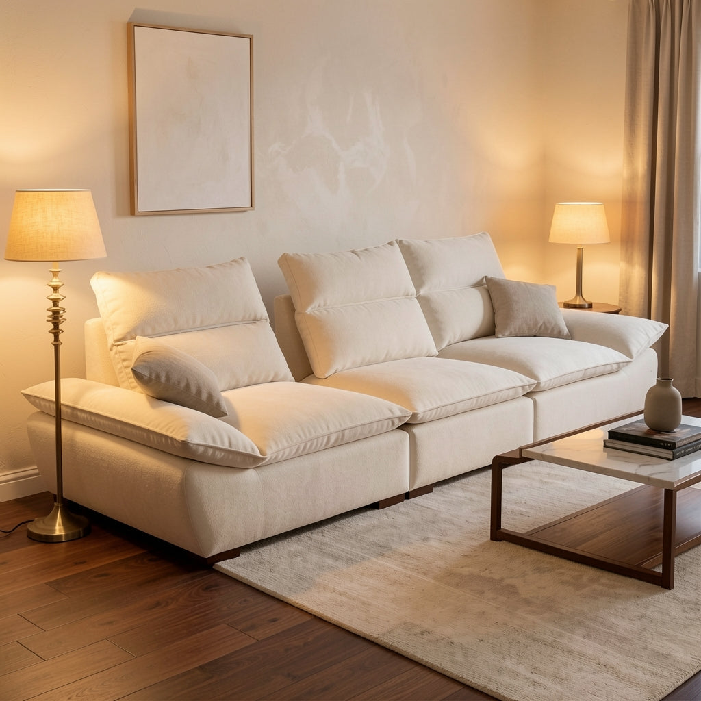 Modern Beige Sofa (DYZN8118) in warm evening walnut