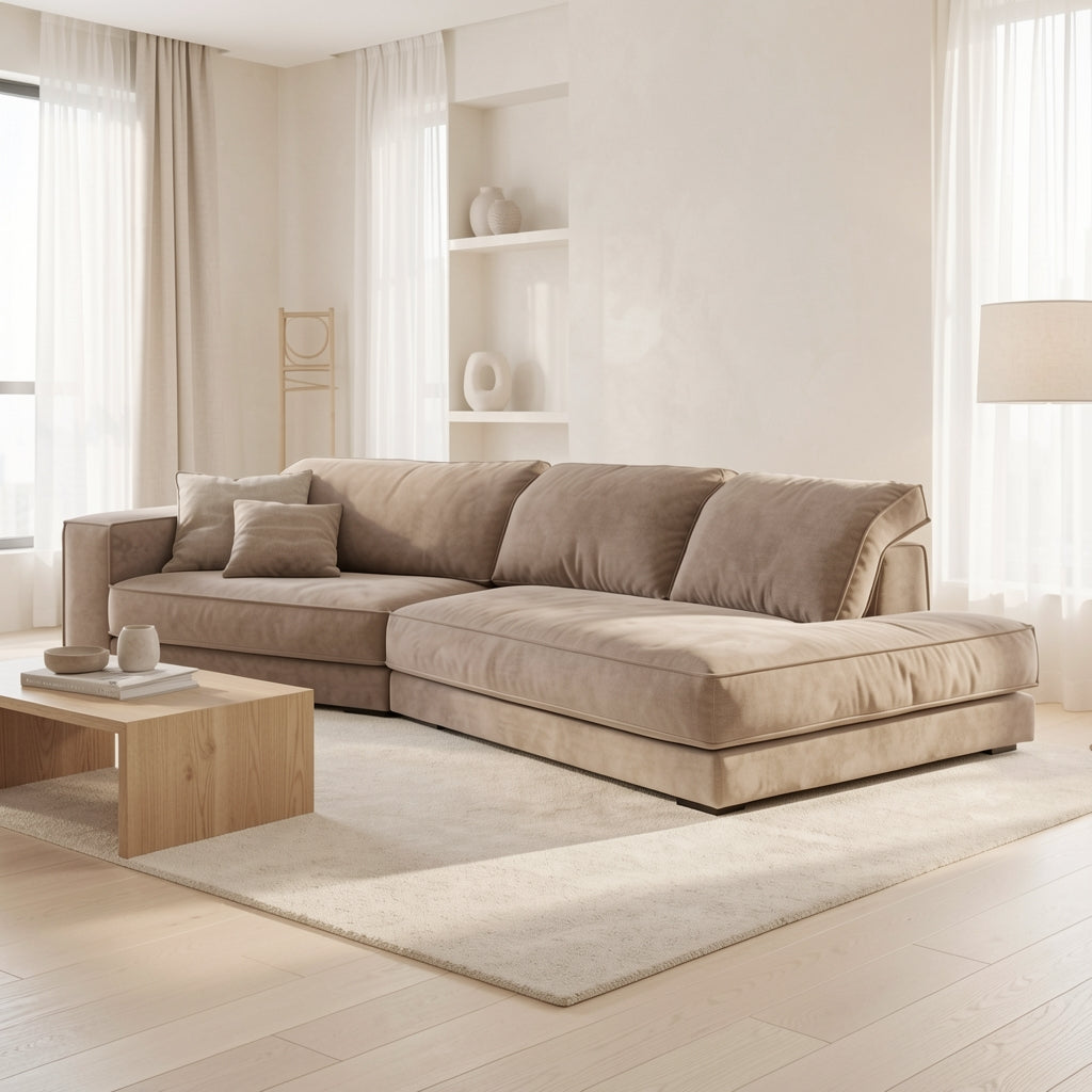 Dark Grey L-Shaped Sofa (GD64) in soft oak daylight