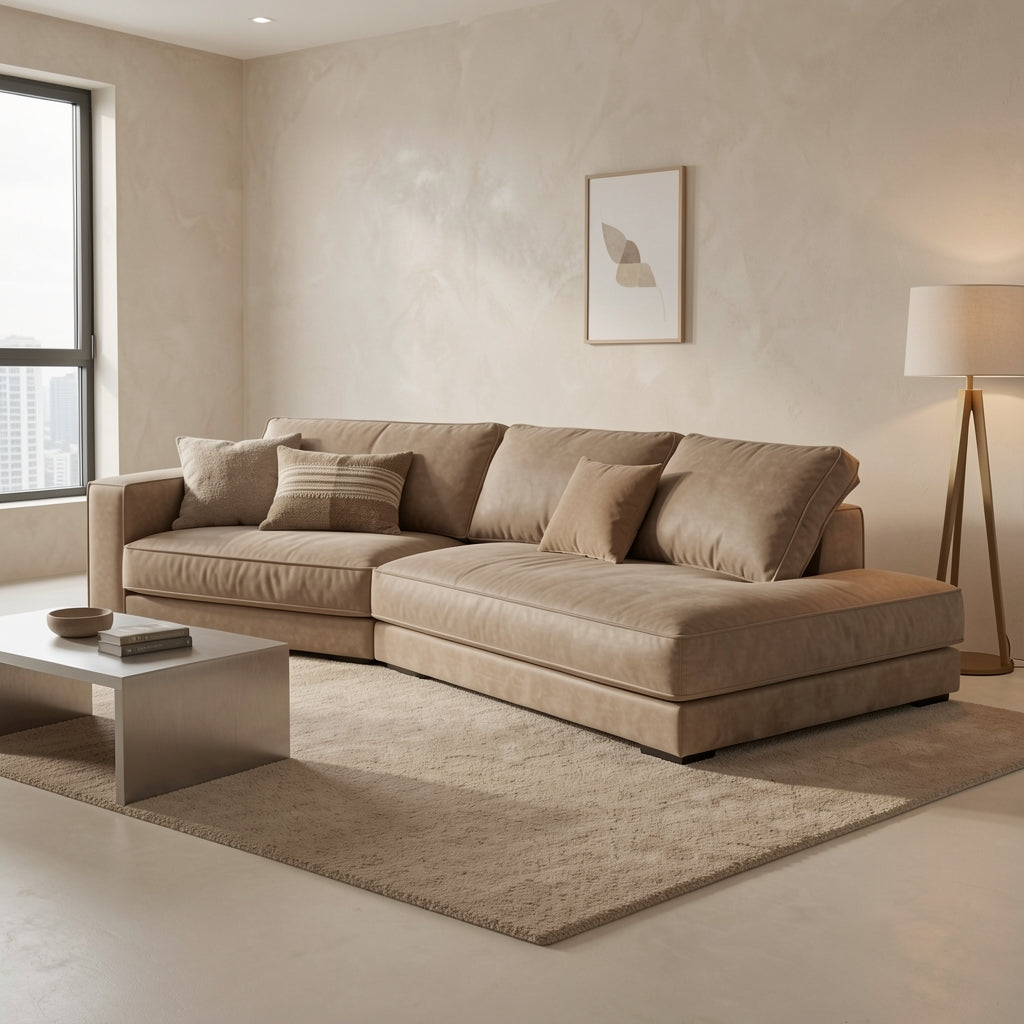 Dark Grey L-Shaped Sofa (GD64) in tonal taupe cocoon