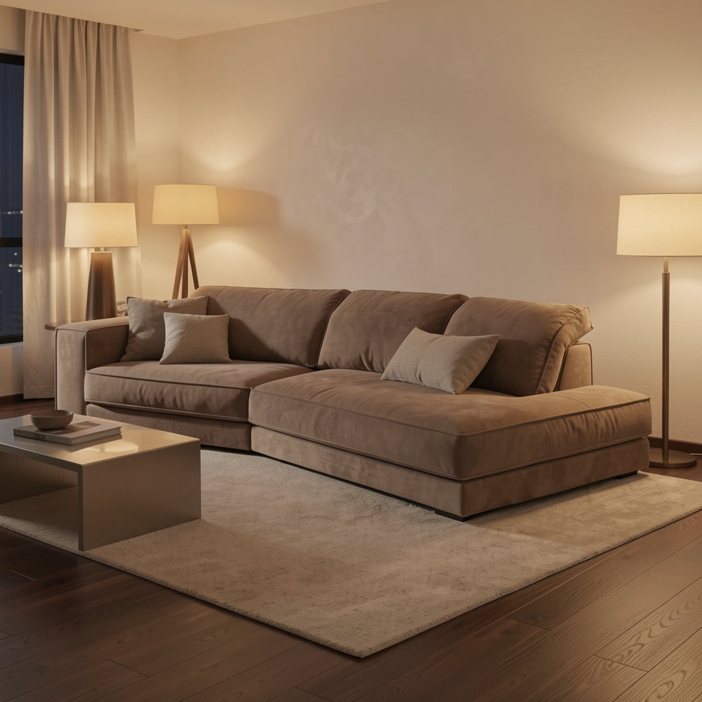 Dark Grey L-Shaped Sofa (GD64) in warm evening walnut