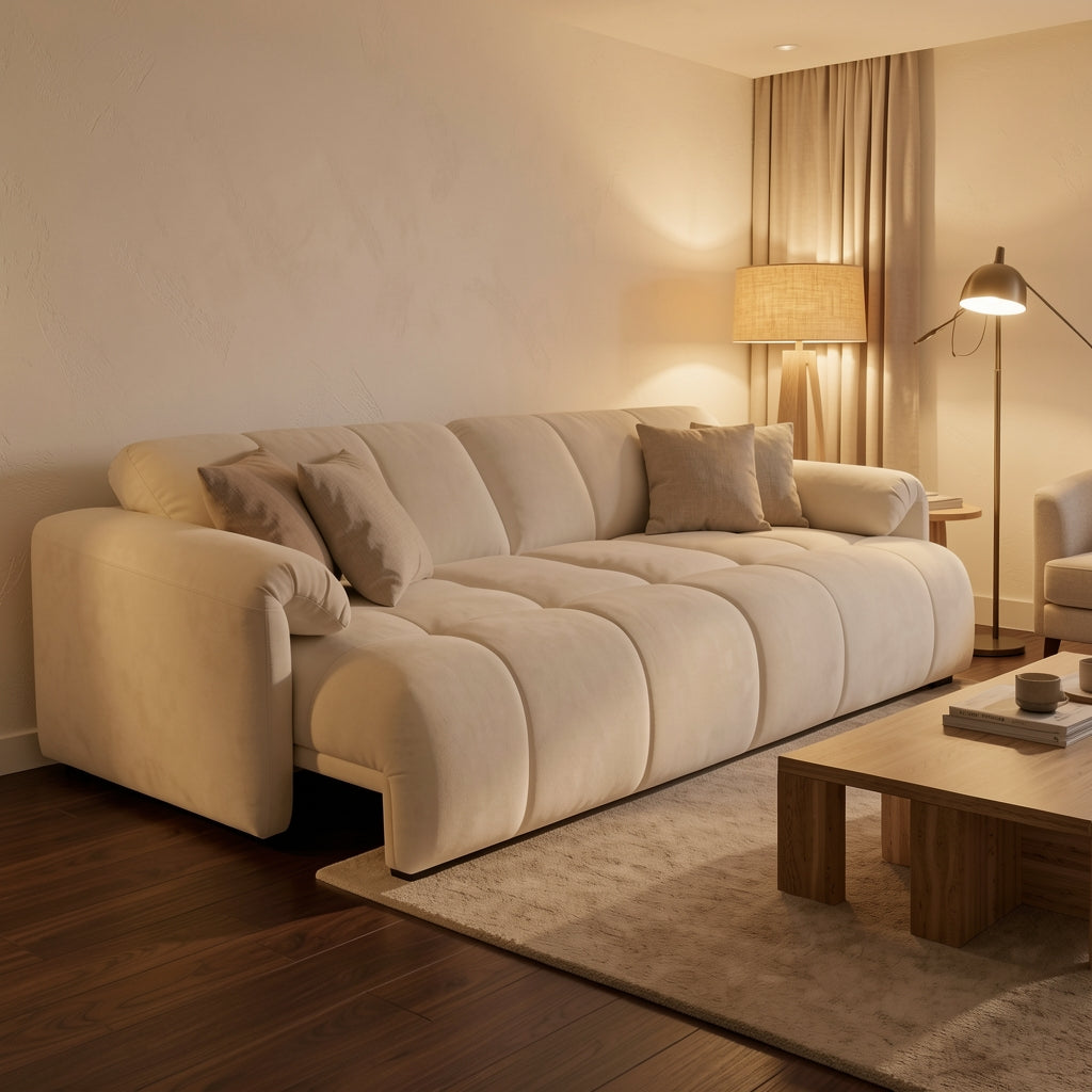Mustard Yellow Sofa (DYYF1096) in warm evening walnut
