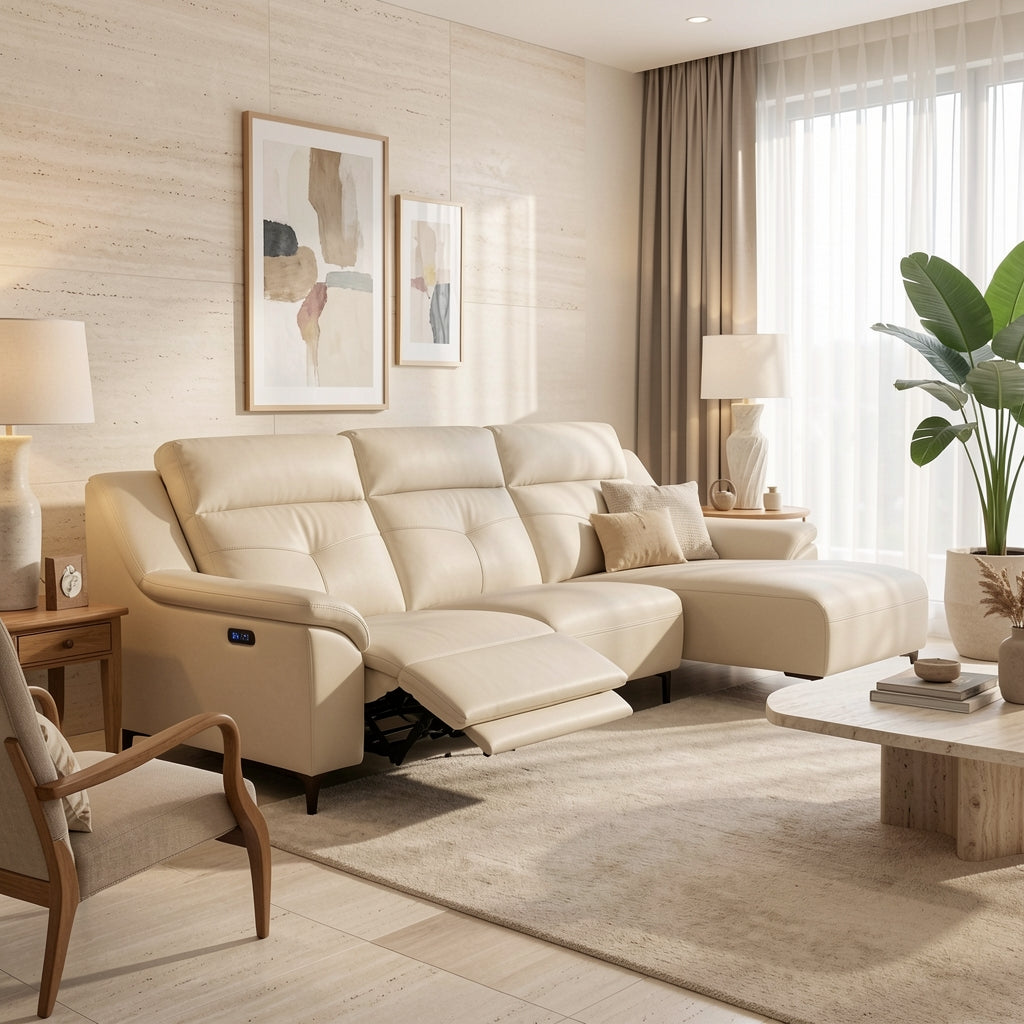Beige Power Reclining Sofa (GD103) in home staged