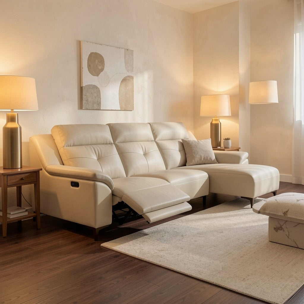 Beige Power Reclining Sofa (GD103) in warm evening walnut