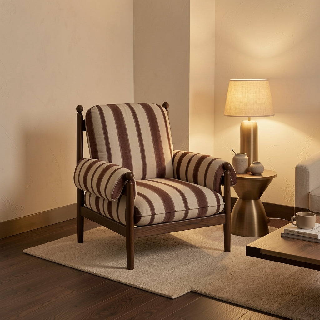 Striped Lounge Chair (赤乌椅) in warm evening walnut