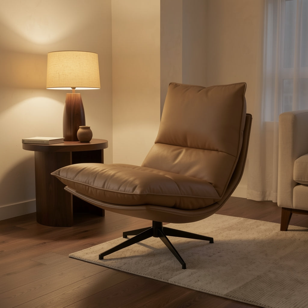 Curved Lounge Chair (H-6139转椅) in warm evening walnut