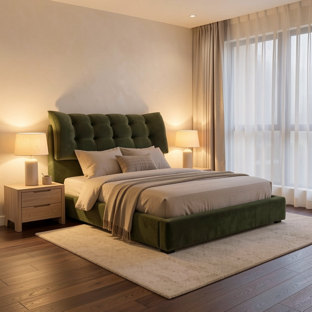 Green Bed (DYX1803齐边) in warm evening walnut