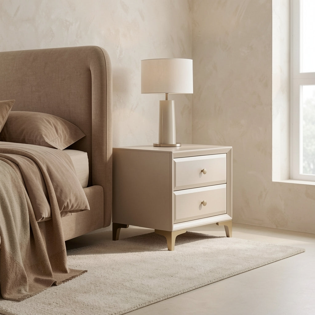 White Bedside Table (DYLXD131) in tonal taupe cocoon