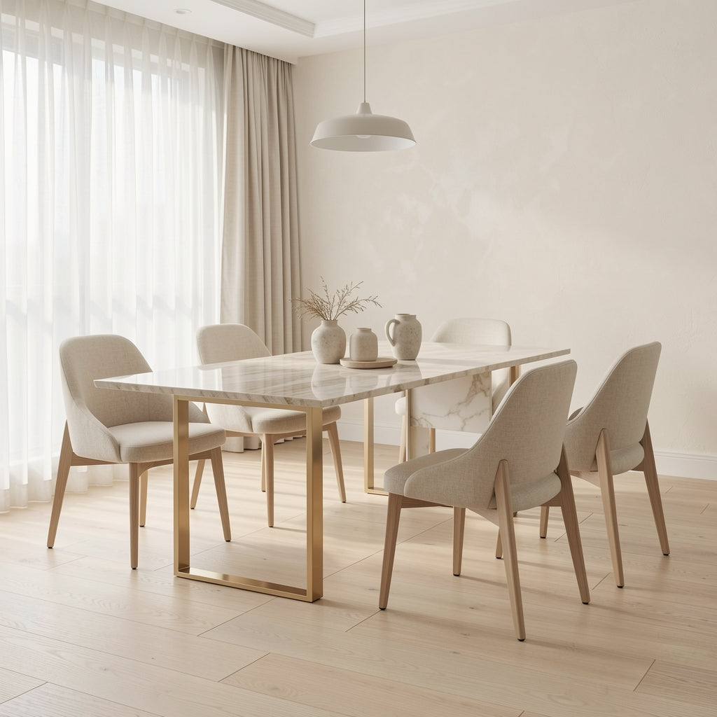 Titanium Dining Table (DYJJ1039钛金带岩板) in soft oak daylight