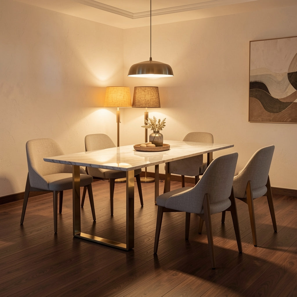 Titanium Dining Table (DYJJ1039钛金带岩板) in warm evening walnut