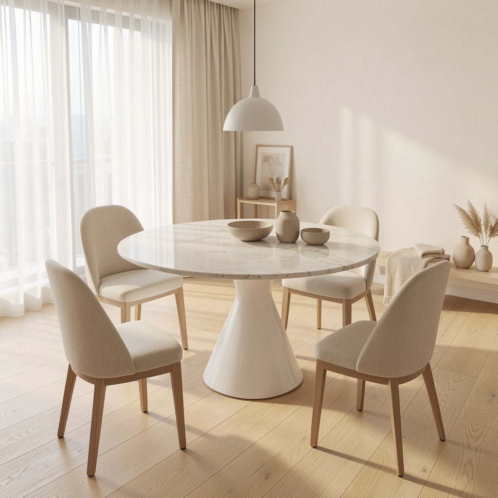 White Round Dining Table (DY沙漏白功能桌) in soft oak daylight