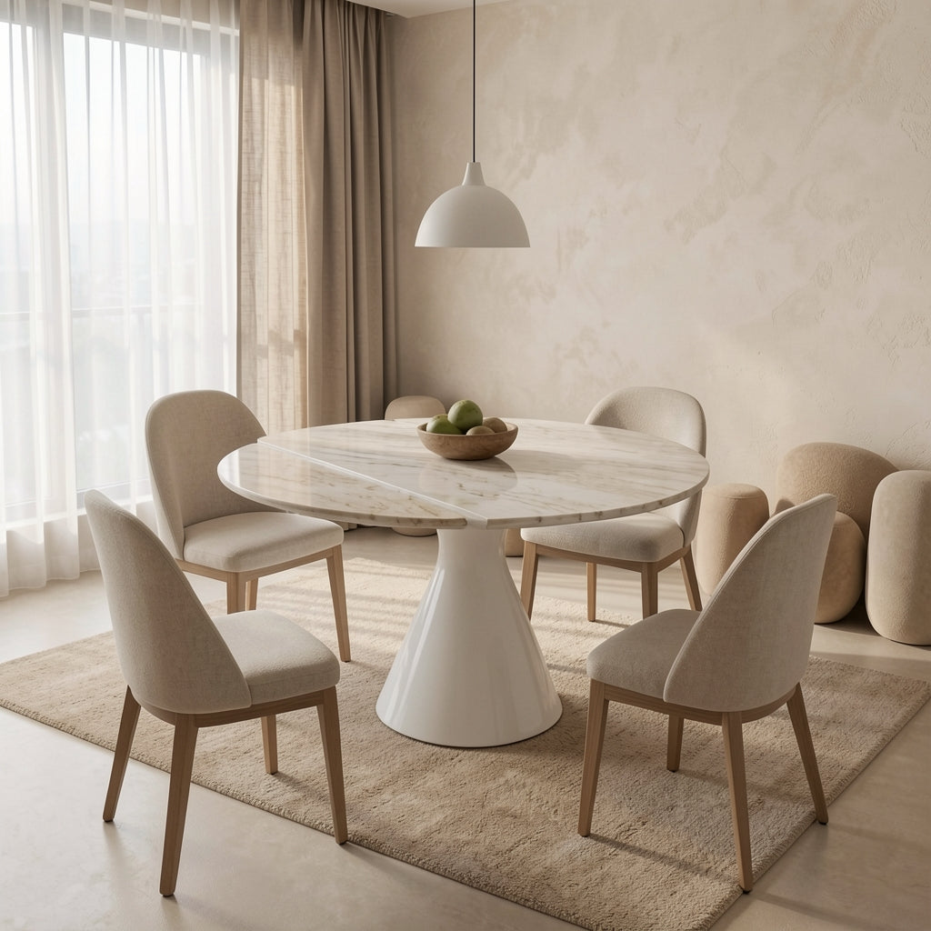 White Round Dining Table (DY沙漏白功能桌) in tonal taupe cocoon