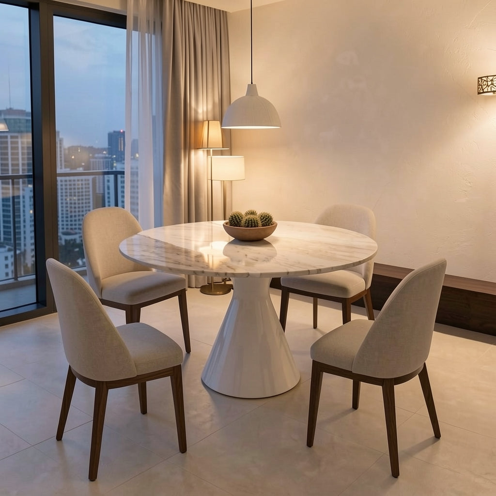 White Round Dining Table (DY沙漏白功能桌) in urban dusk