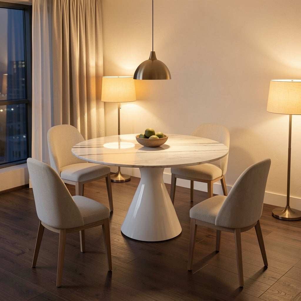 White Round Dining Table (DY沙漏白功能桌) in warm evening walnut