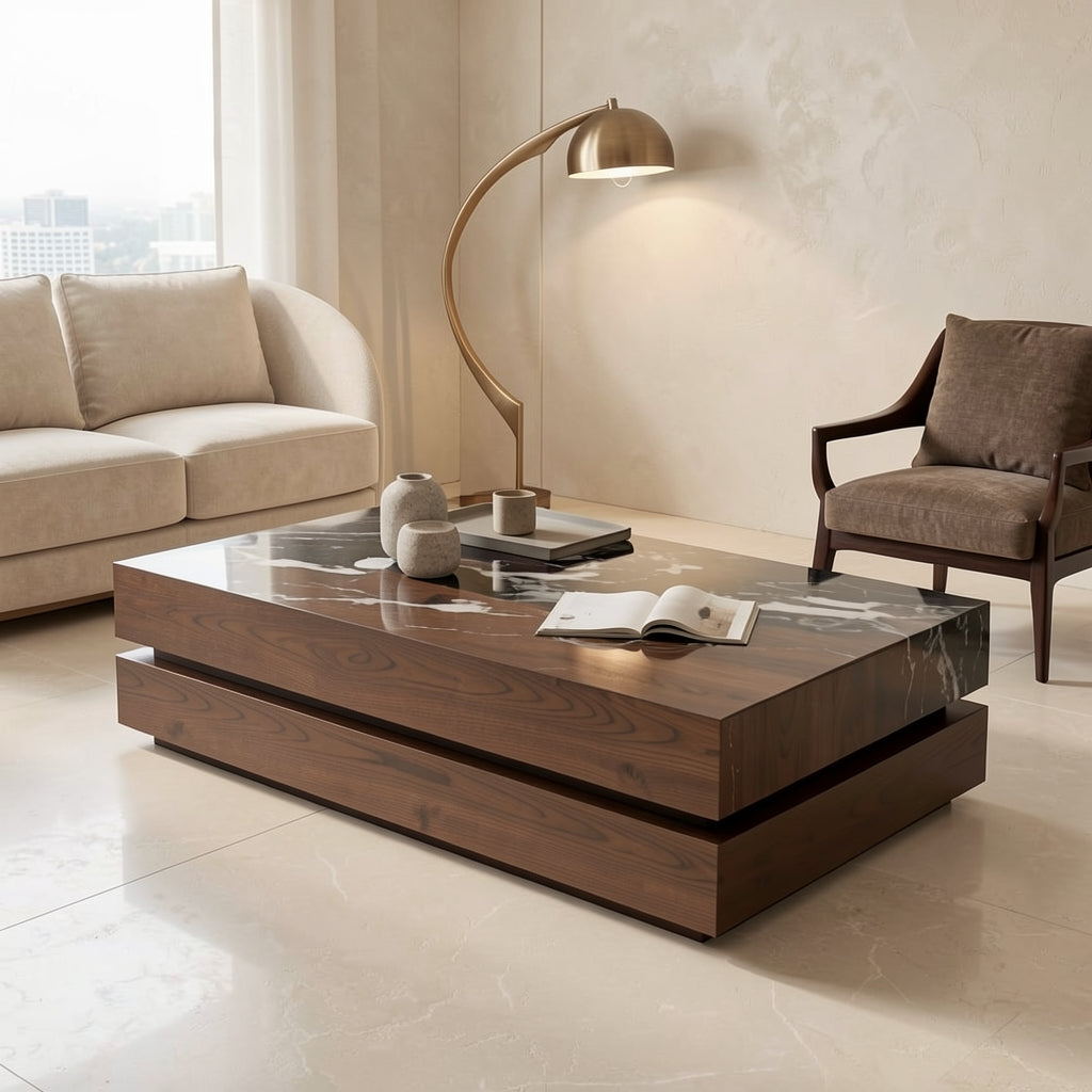 Black White Coffee Table (DY双层长茶几) in marble bronze