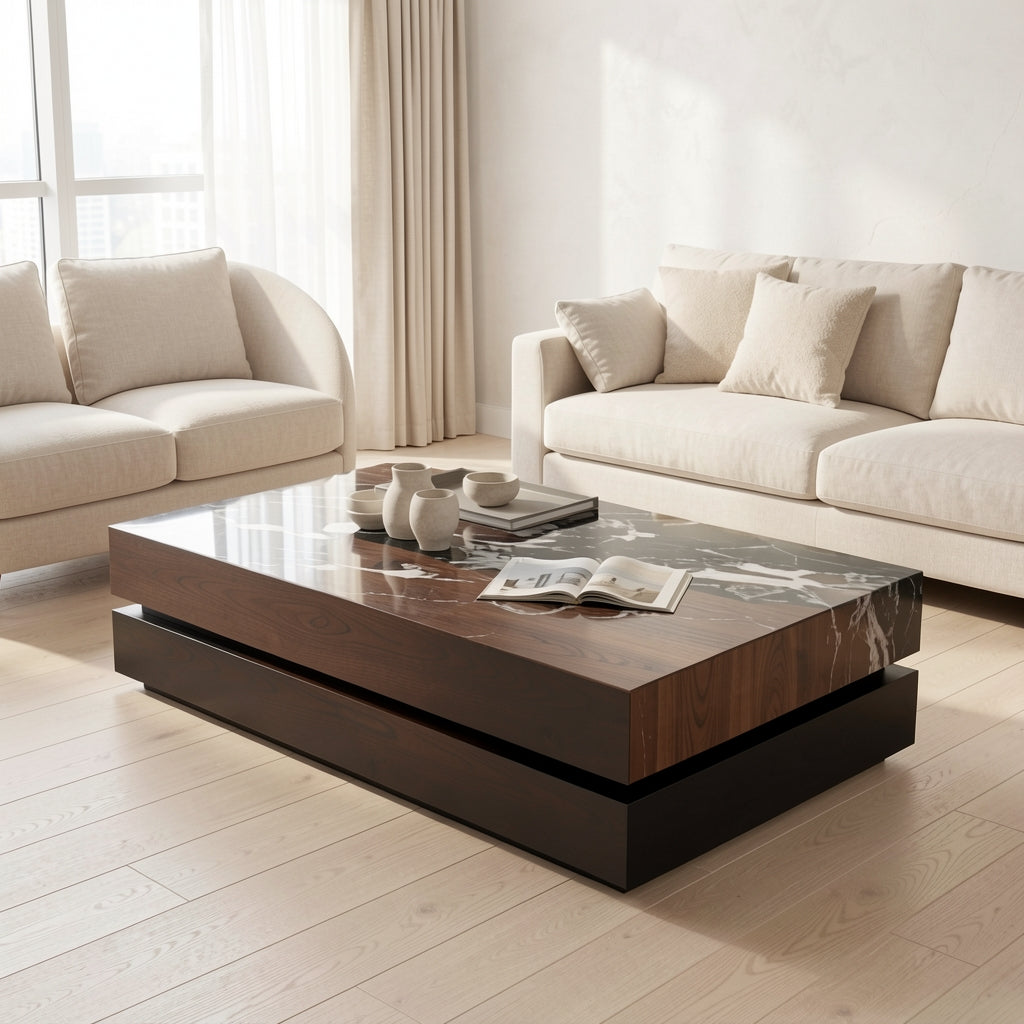 Black White Coffee Table (DY双层长茶几) in soft oak daylight