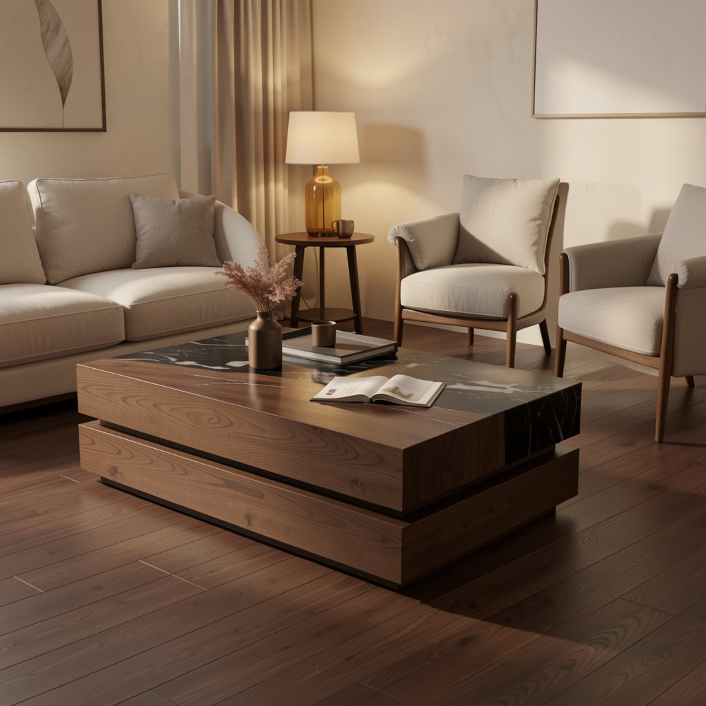 Black White Coffee Table (DY双层长茶几) in warm evening walnut