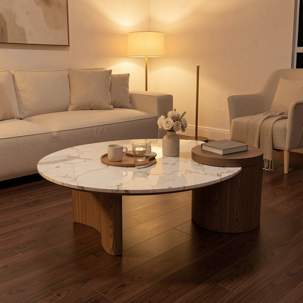 Oval Coffee Table (DYMD) in warm evening walnut