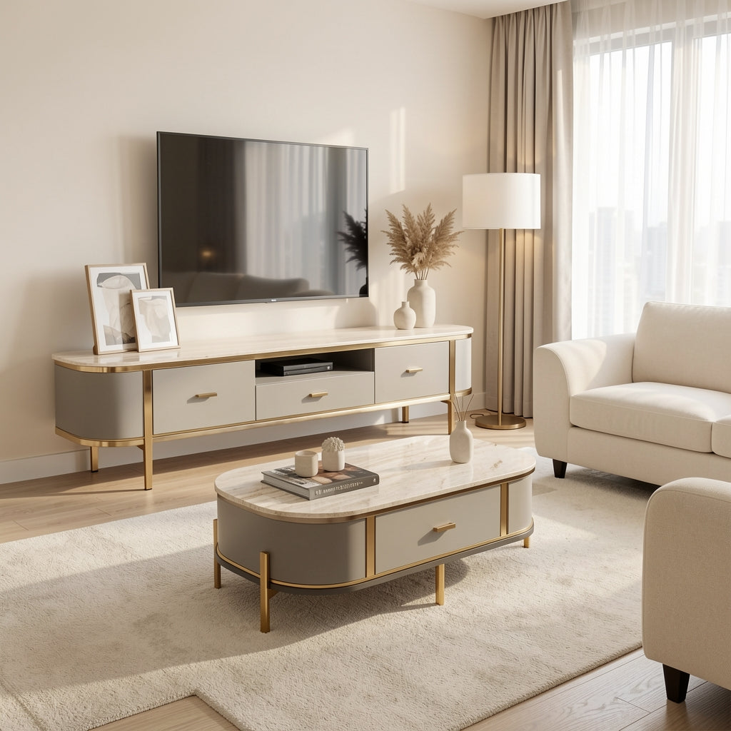 White TV Console and Coffee Table (DYNB1266) in home staged