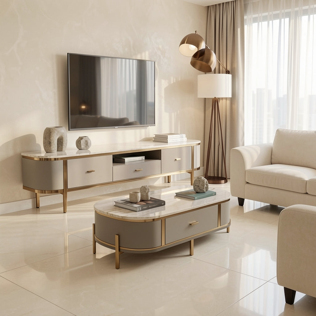 White TV Console and Coffee Table (DYNB1266) in marble bronze