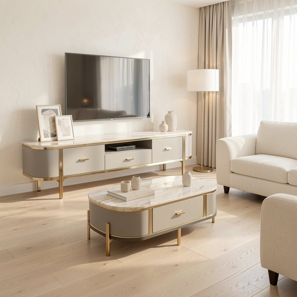 White TV Console and Coffee Table (DYNB1266) in soft oak daylight