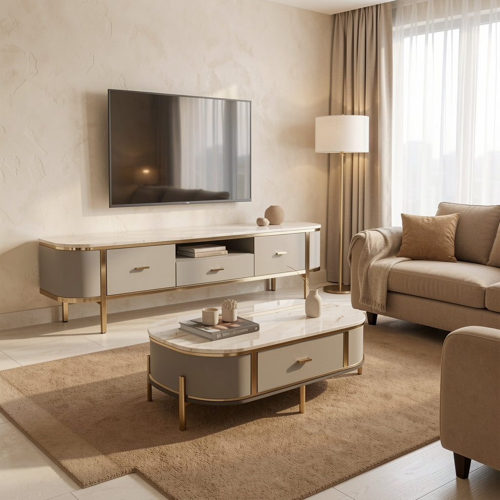 White TV Console and Coffee Table (DYNB1266) in tonal taupe cocoon