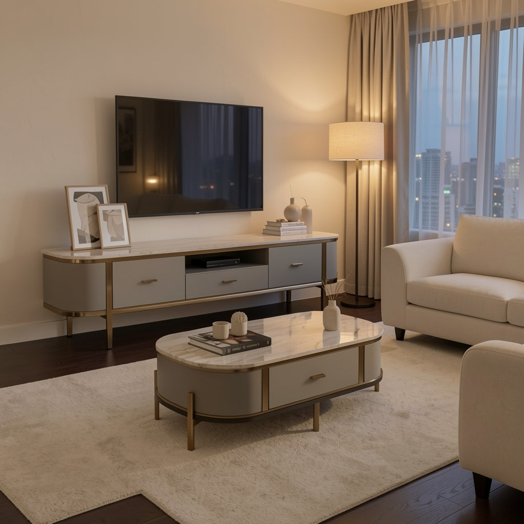 White TV Console and Coffee Table (DYNB1266) in urban dusk