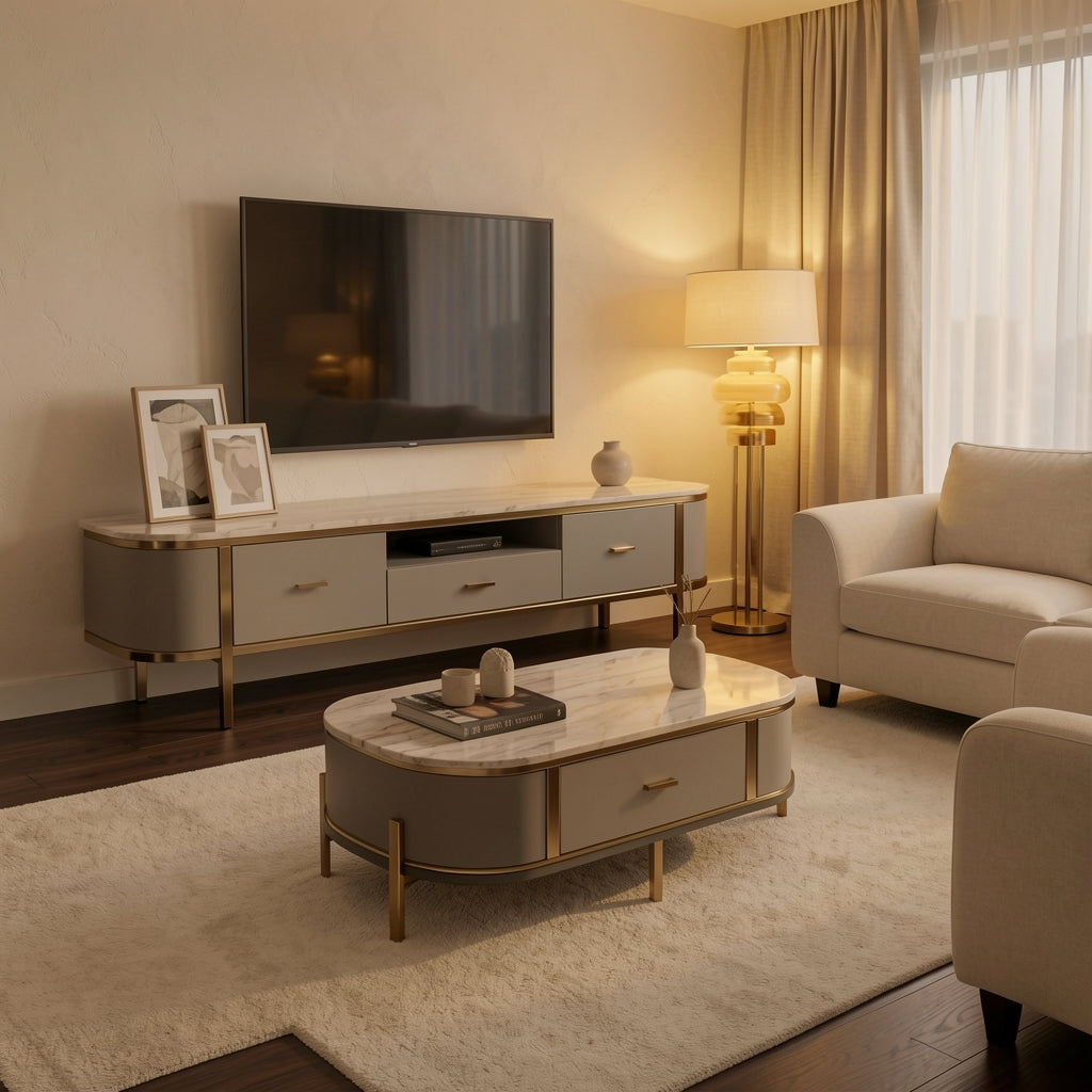 White TV Console and Coffee Table (DYNB1266) in warm evening walnut