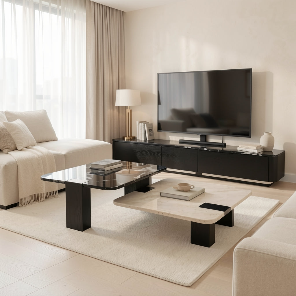 Black TV Console and Coffee Table (DYJ751) in soft oak daylight