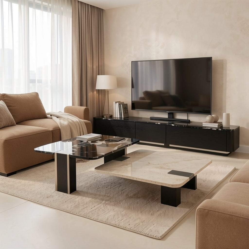 Black TV Console and Coffee Table (DYJ751) in tonal taupe cocoon