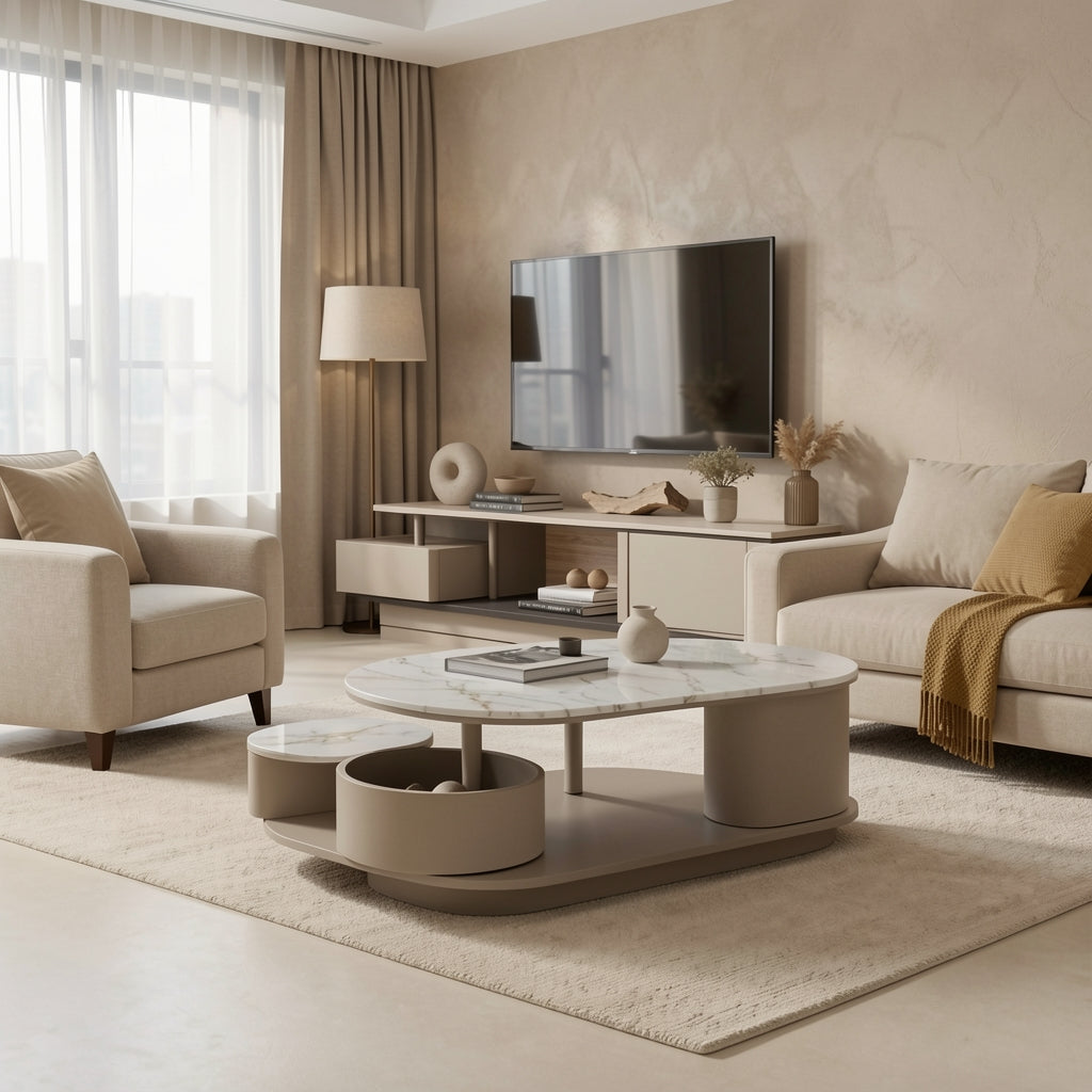 Gray TV Console and Coffee Table (DYJ2408) in tonal taupe cocoon