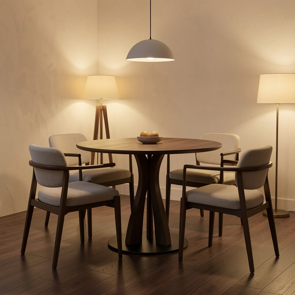 Chuluo Round Dining Table in warm evening walnut