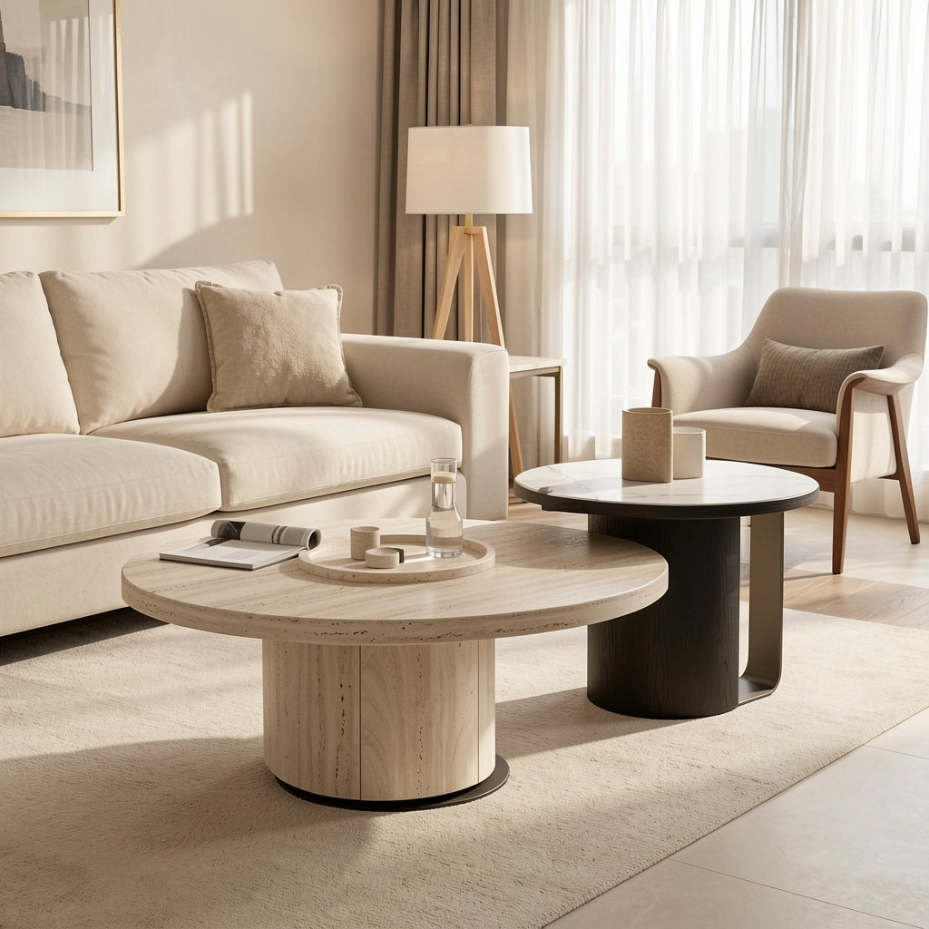Nanxi Round Coffee Table in home staged