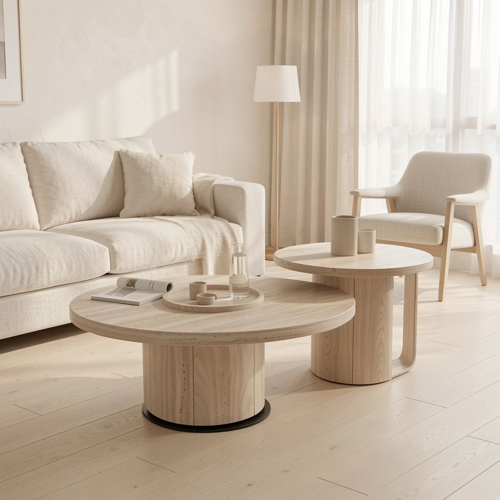 Nanxi Round Coffee Table in soft oak daylight