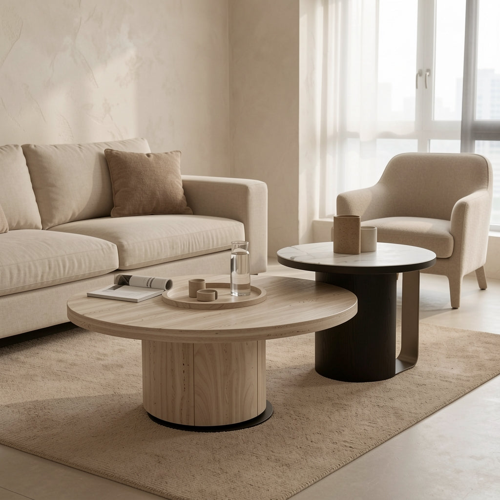 Nanxi Round Coffee Table in tonal taupe cocoon