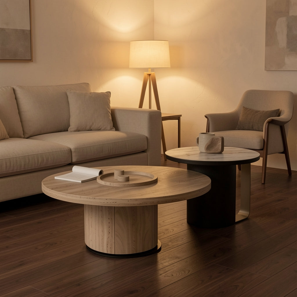 Nanxi Round Coffee Table in warm evening walnut