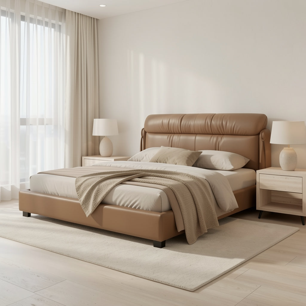 Qiaomu Leather Look Bed in soft oak daylight