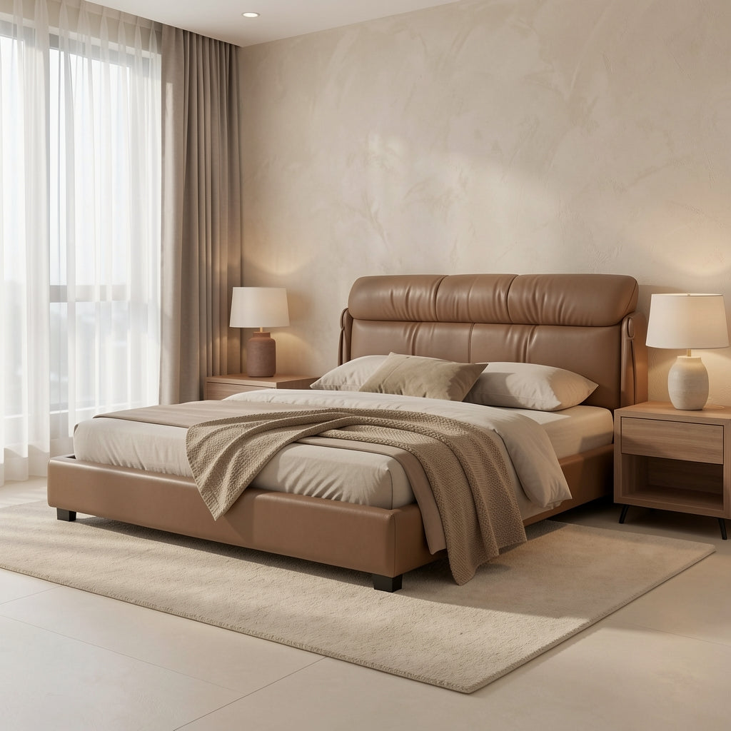 Qiaomu Leather Look Bed in tonal taupe cocoon