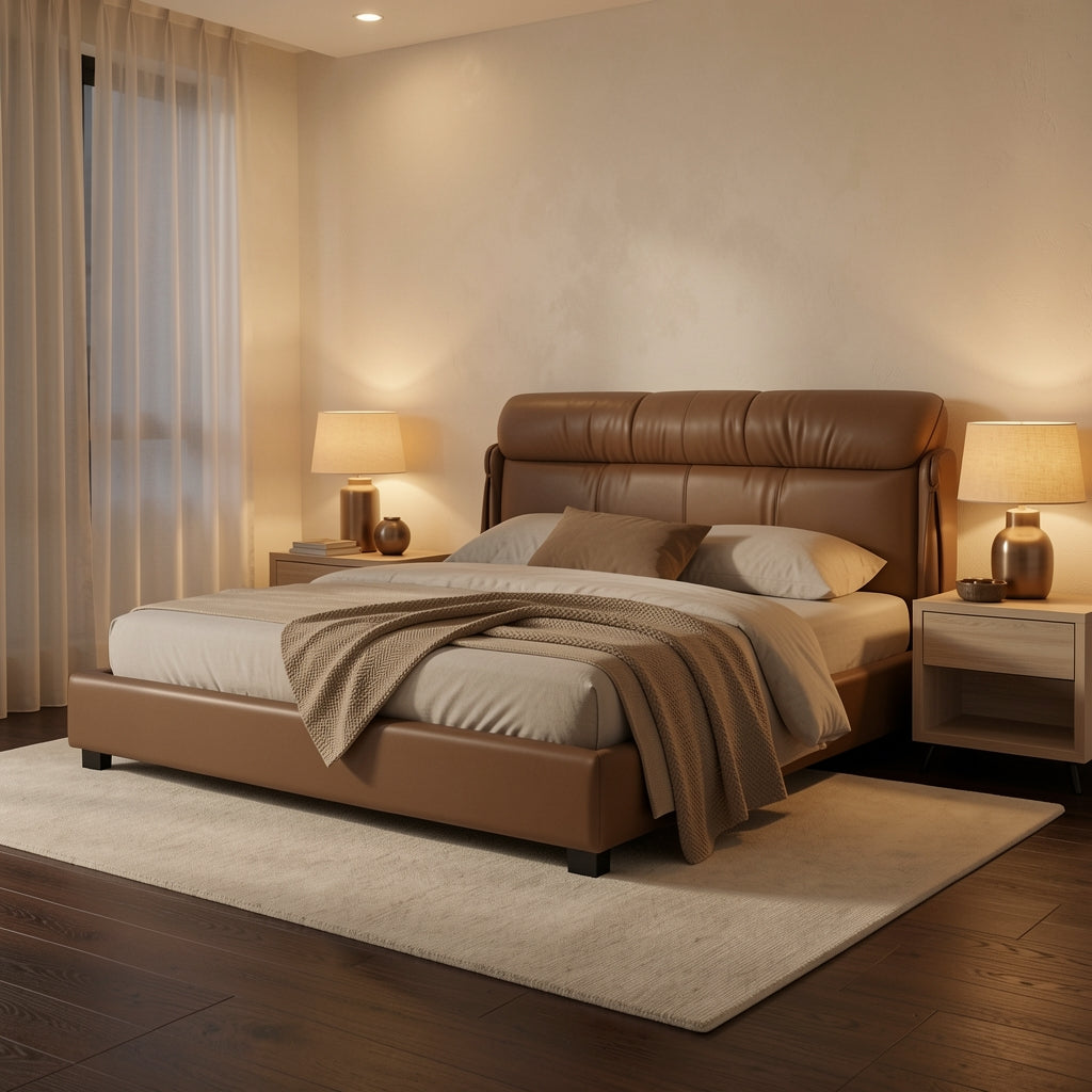 Qiaomu Leather Look Bed in warm evening walnut