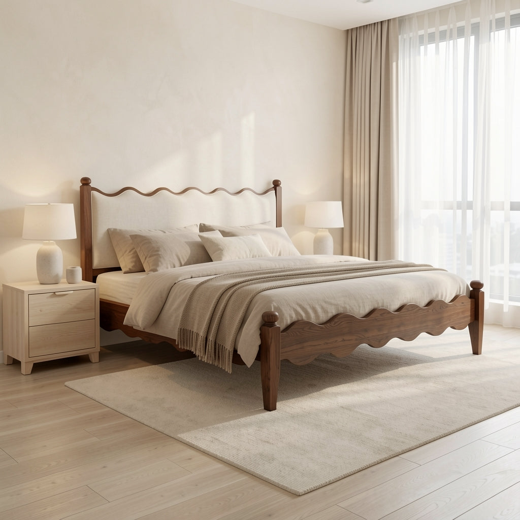 Wavy Headboard Bed in soft oak daylight