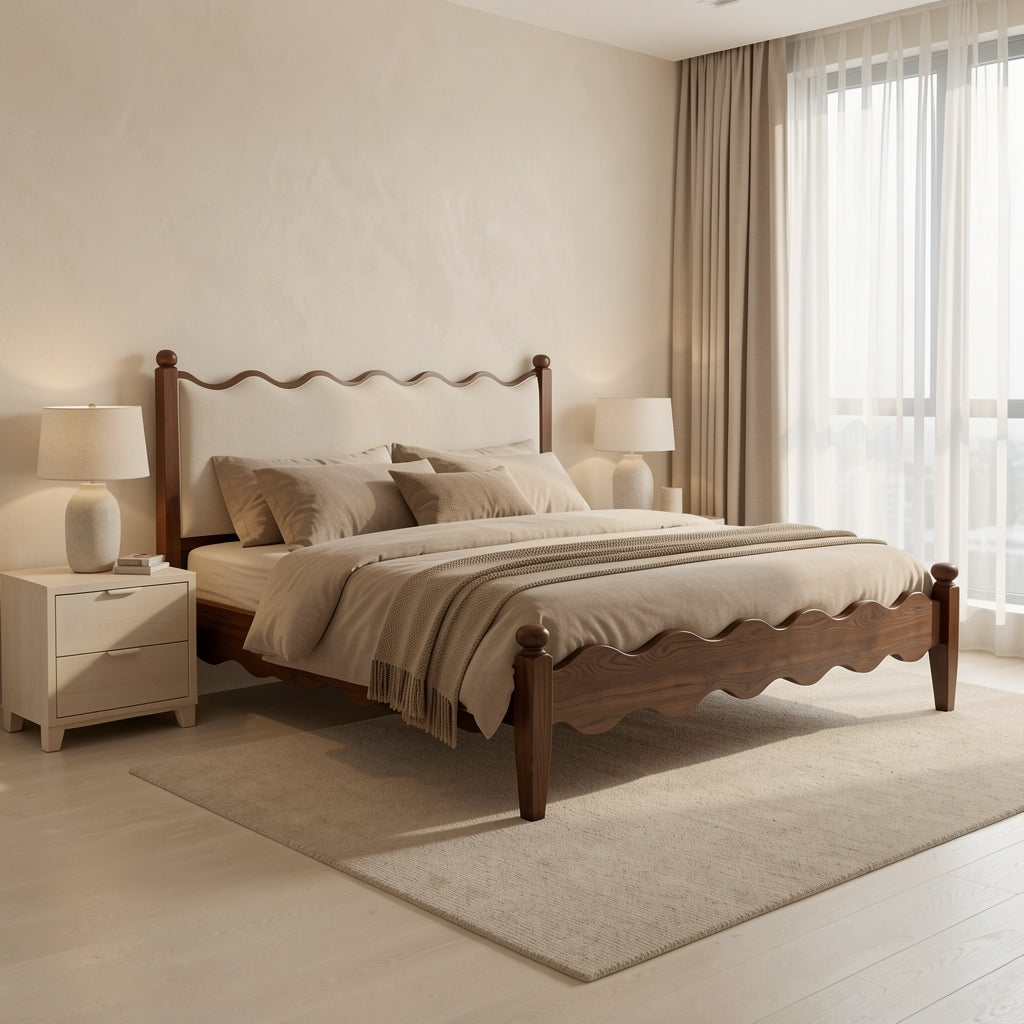 Wavy Headboard Bed in tonal taupe cocoon
