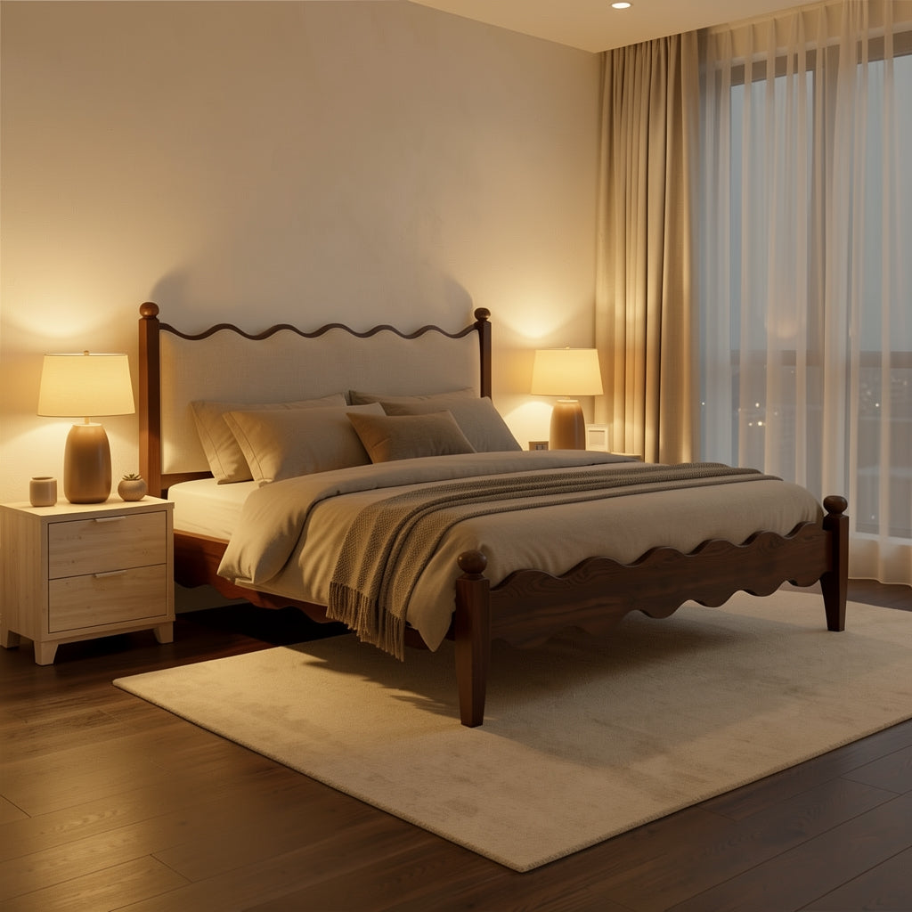 Wavy Headboard Bed in warm evening walnut
