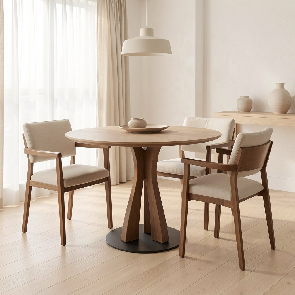 Round Black Dining Table · Edition 1 in soft oak daylight