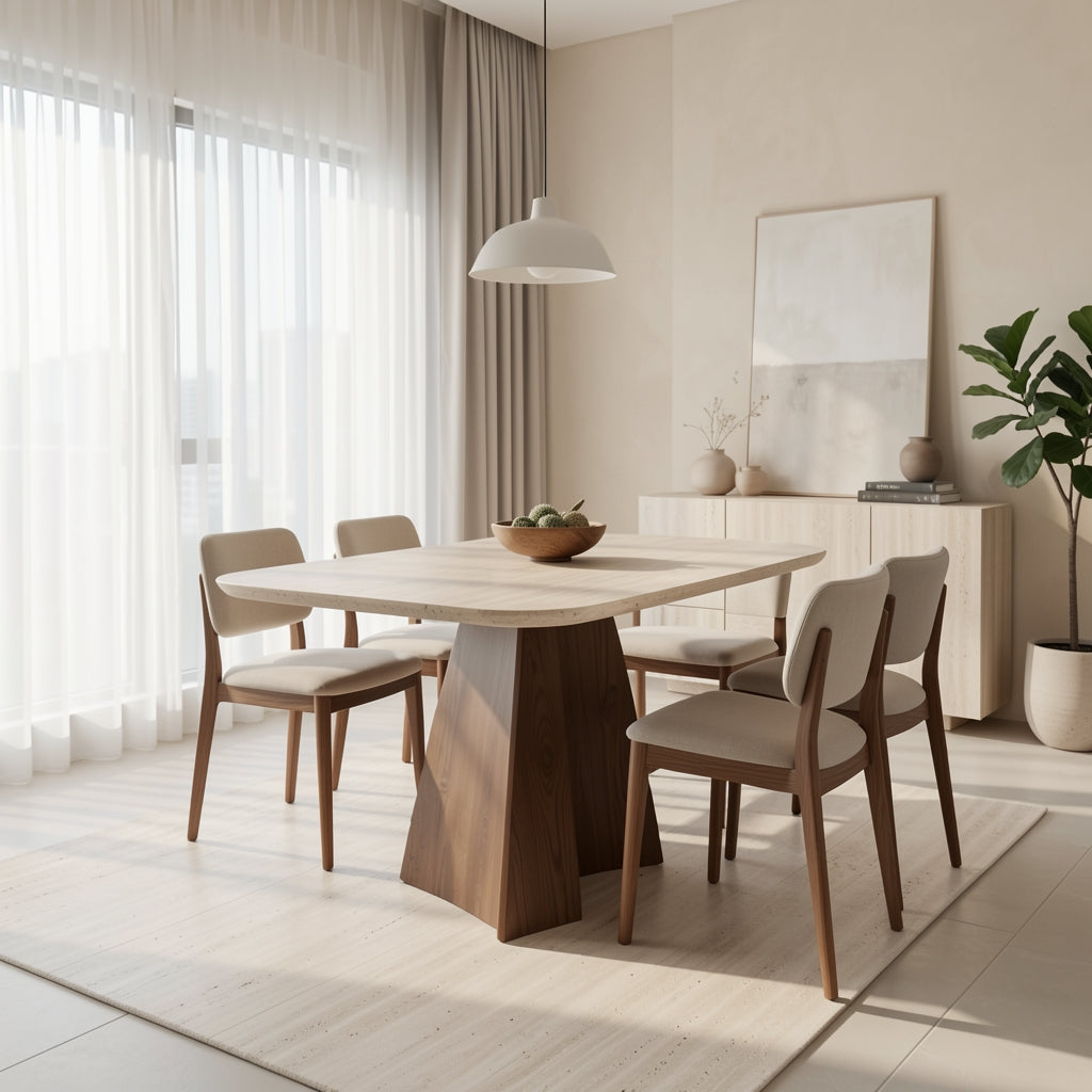 Round Light Brown Dining Table in home staged
