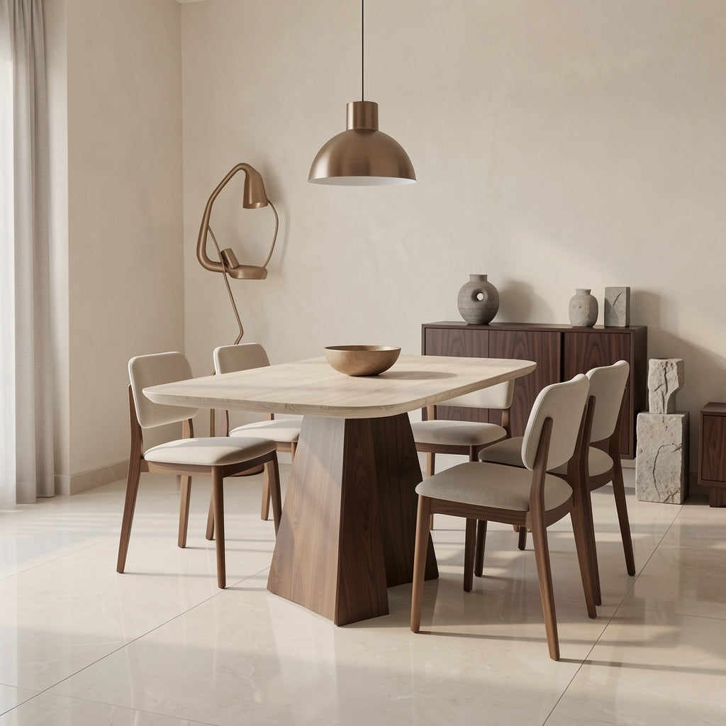 Round Light Brown Dining Table in marble bronze