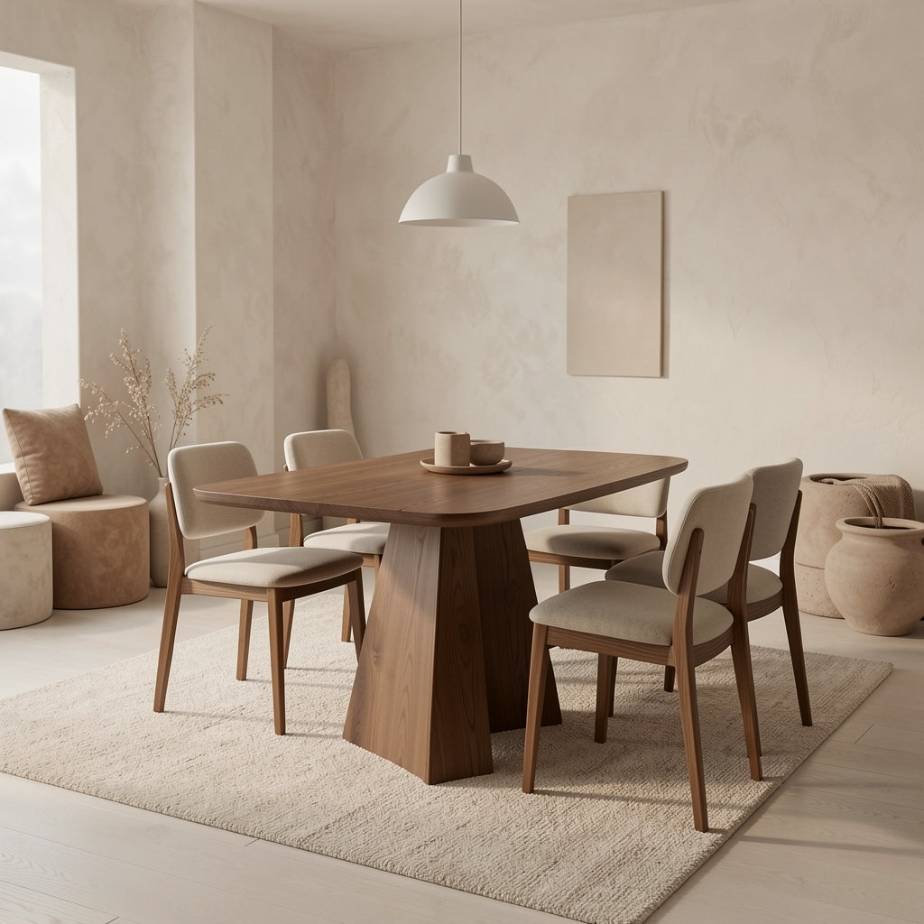 Round Light Brown Dining Table in tonal taupe cocoon