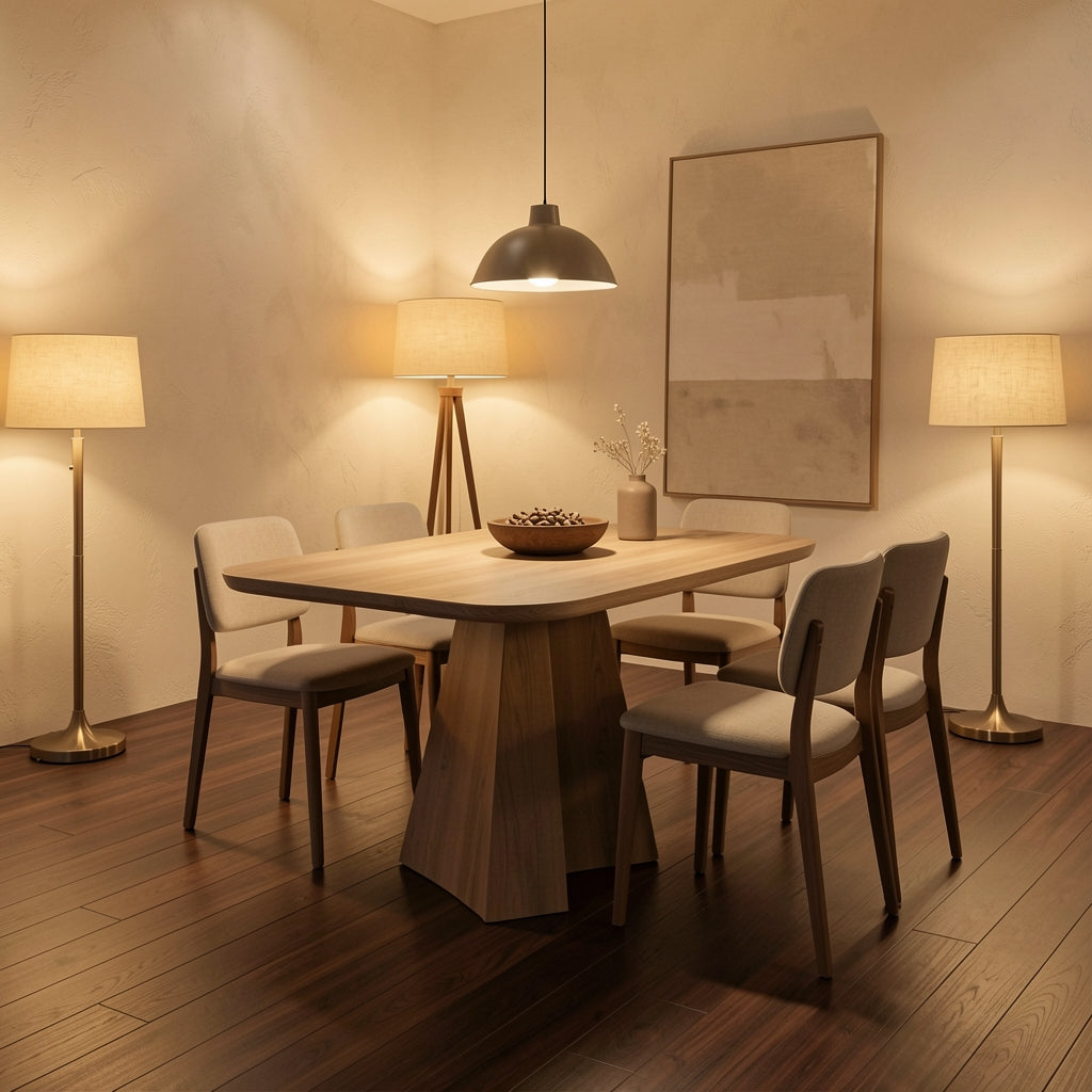 Round Light Brown Dining Table in warm evening walnut