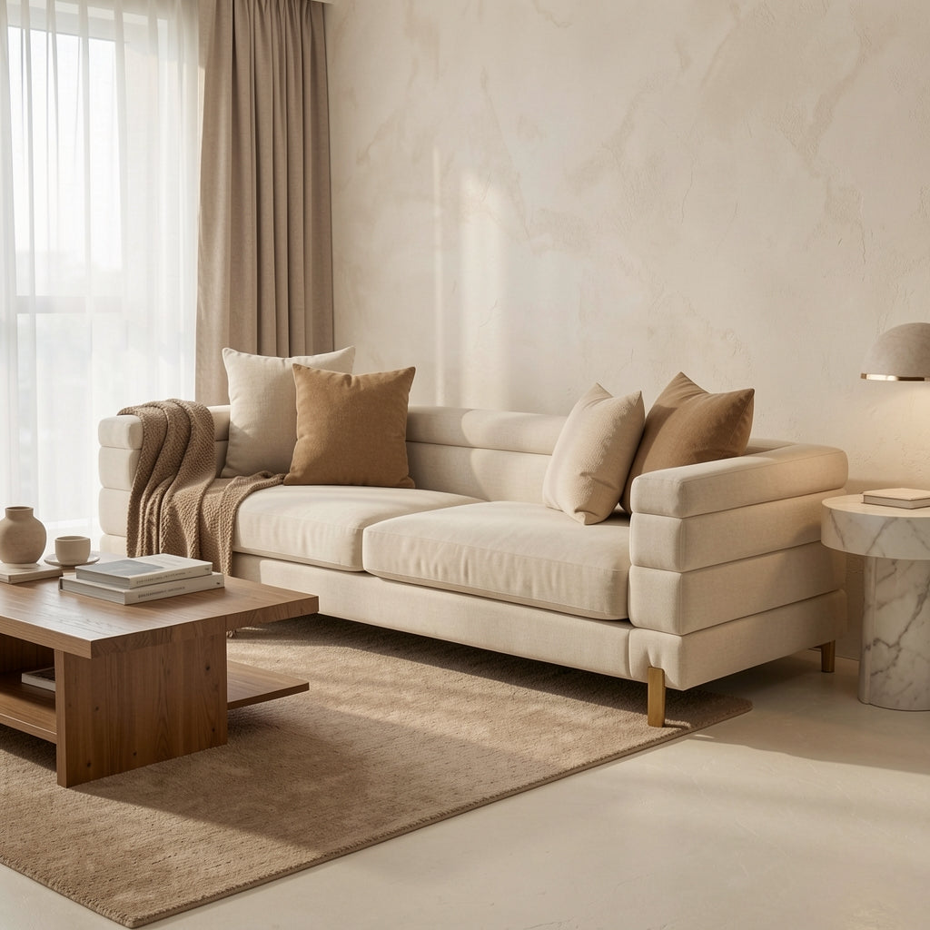 Blue Sofa in tonal taupe cocoon