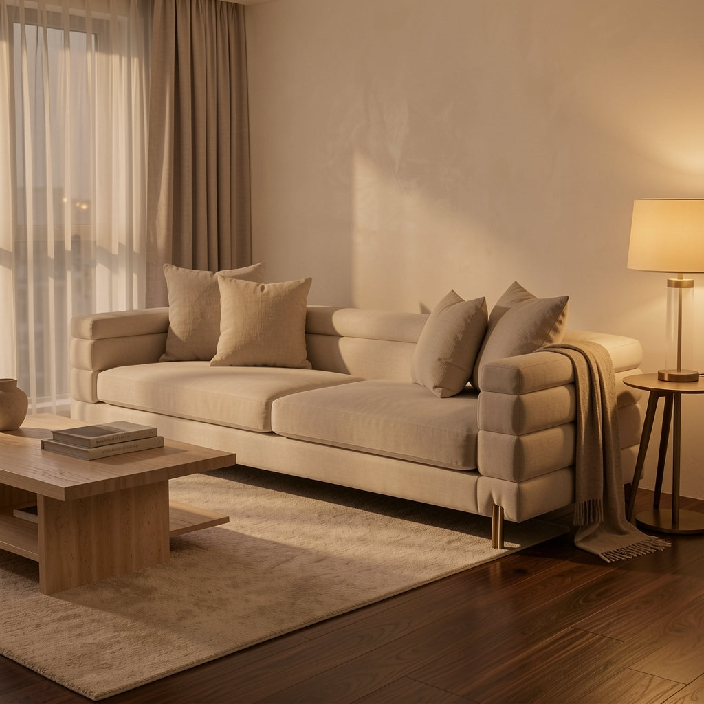 Blue Sofa in warm evening walnut